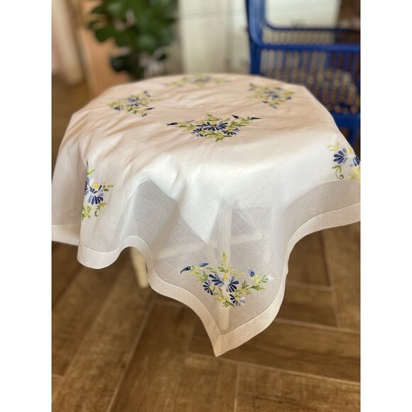 VTG Embroidered Sheer Table Cover 4 Matching Beverage Napkins Blue Green Floral - Picture 4 of 16